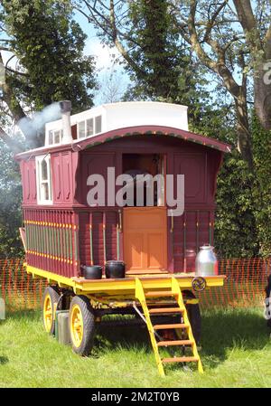 Old vintage gypsy horse drawn caravan. Stock Photo