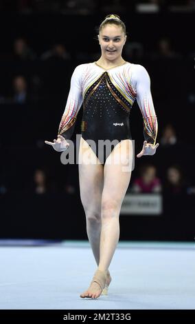 Belgian gymnast Maellyse Brassart pictured in action during the European Championships Artistic Gymnastics in Szczecin, Poland, Friday 12 April 2019. The EC are taking place from 10 to 14 April. BELGA PHOTO ERIC LALMAND Stock Photo