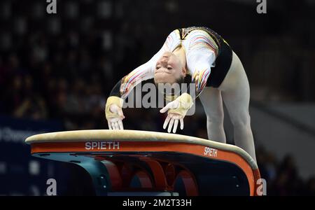 Belgian gymnast Jade Vansteenkiste pictured in action during the European Championships Artistic Gymnastics in Szczecin, Poland, Friday 12 April 2019. The EC are taking place from 10 to 14 April. BELGA PHOTO ERIC LALMAND Stock Photo