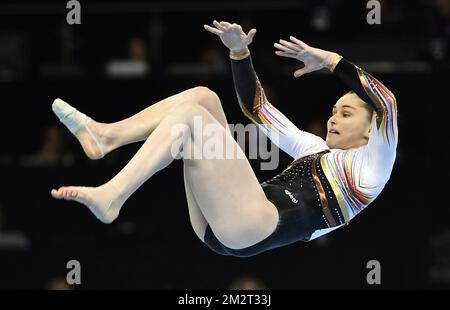 Belgian gymnast Maellyse Brassart pictured in action during the European Championships Artistic Gymnastics in Szczecin, Poland, Friday 12 April 2019. The EC are taking place from 10 to 14 April. BELGA PHOTO ERIC LALMAND Stock Photo