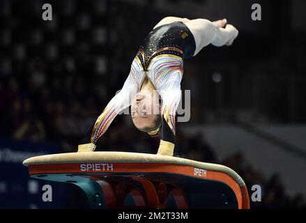 Belgian gymnast Jade Vansteenkiste pictured in action during the European Championships Artistic Gymnastics in Szczecin, Poland, Friday 12 April 2019. The EC are taking place from 10 to 14 April. BELGA PHOTO ERIC LALMAND Stock Photo