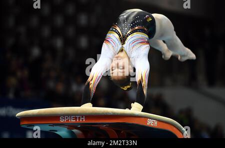 Belgian gymnast Maellyse Brassart pictured in action during the European Championships Artistic Gymnastics in Szczecin, Poland, Friday 12 April 2019. The EC are taking place from 10 to 14 April. BELGA PHOTO ERIC LALMAND Stock Photo