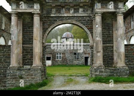 Nanteos Mansion, Aberystwyth, home of the Nanteos Cup, thought by some to be the Holy Grail. Showing the ruined stables and kitchens and pets cemetary Stock Photo