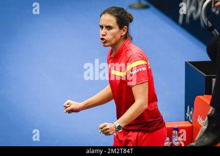 Spanish captain Anabel Medina Garrigues celebrates during the fifth and last game of the Fed Cup World Group play-offs tennis game between Belgium and Spain, with Belgian pair Bonaventure and Flipkens and Spanish pair Muguruza and Suarez Navarro, Sunday 21 April 2019 in Kortrijk. BELGA PHOTO LAURIE DIEFFEMBACQ Stock Photo