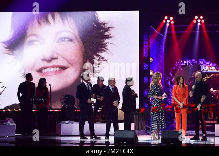 RTL TVI Thomas Van Hamme, singer Salvatore Adamo, Singer Frederic François, RTL TVI Sandrine Corman, Singer Typh Barrow and Singer Pascal Obispo pictured during the closing ceremony of the 31st edition of the 'Televie' charity event of the RTL-TVi television chains, Saturday 27 April 2019 in Louvain-la-Neuve. BELGA PHOTO LAURIE DIEFFEMBACQ Stock Photo