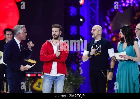 RTL TVI Thomas Van Hamme, M. Pokora and Singer Pascal Obispo pictured during the closing ceremony of the 31st edition of the 'Televie' charity event of the RTL-TVi television chains, Saturday 27 April 2019 in La Louviere. BELGA PHOTO LAURIE DIEFFEMBACQ Stock Photo