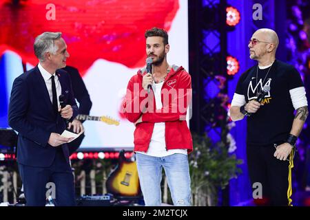 RTL TVI Thomas Van Hamme, M. Pokora and Singer Pascal Obispo pictured during the closing ceremony of the 31st edition of the 'Televie' charity event of the RTL-TVi television chains, Saturday 27 April 2019 in La Louviere. BELGA PHOTO LAURIE DIEFFEMBACQ Stock Photo