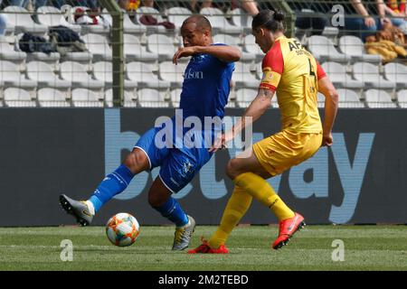 Gent's Vadis Odjidja-Ofoe and Mechelen's Seth De Witte fight for the ball during a soccer game between KAA Gent and KV Mechelen, the final of the Croky Cup competition, Wednesday 01 May 2019 in Brussels. BELGA PHOTO KURT DESPLENTER Stock Photo