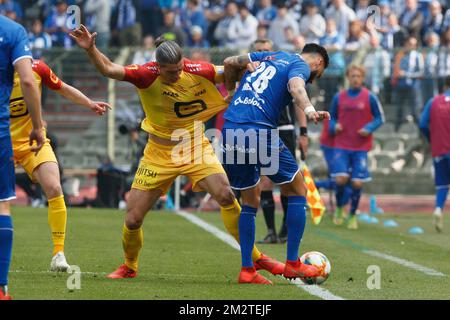 Mechelen's Seth De Witte and Gent's Dylan Bronn fight for the ball during a soccer game between KAA Gent and KV Mechelen, the final of the Croky Cup competition, Wednesday 01 May 2019 in Brussels. BELGA PHOTO KURT DESPLENTER Stock Photo