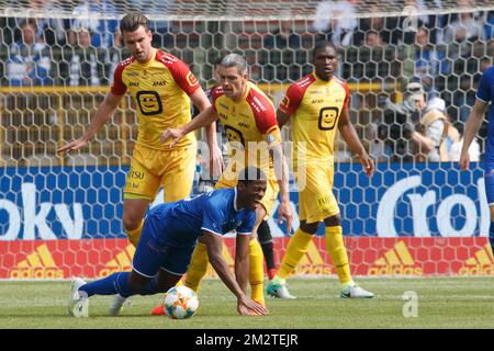 Gent's Jonathan David and Mechelen's Seth De Witte fight for the ball during a soccer game between KAA Gent and KV Mechelen, the final of the Croky Cup competition, Wednesday 01 May 2019 in Brussels. BELGA PHOTO KURT DESPLENTER Stock Photo