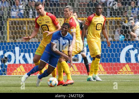 Gent's Jonathan David and Mechelen's Seth De Witte fight for the ball during a soccer game between KAA Gent and KV Mechelen, the final of the Croky Cup competition, Wednesday 01 May 2019 in Brussels. BELGA PHOTO KURT DESPLENTER Stock Photo