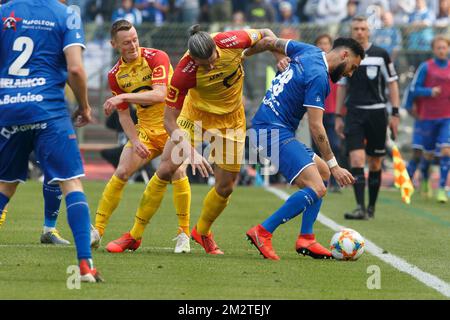 Mechelen's Seth De Witte and Gent's Dylan Bronn fight for the ball during a soccer game between KAA Gent and KV Mechelen, the final of the Croky Cup competition, Wednesday 01 May 2019 in Brussels. BELGA PHOTO KURT DESPLENTER Stock Photo