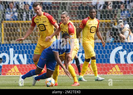 Gent's Jonathan David and Mechelen's Seth De Witte fight for the ball during a soccer game between KAA Gent and KV Mechelen, the final of the Croky Cup competition, Wednesday 01 May 2019 in Brussels. BELGA PHOTO KURT DESPLENTER Stock Photo