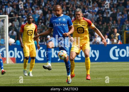 Gent's Vadis Odjidja-Ofoe and Mechelen's Seth De Witte fight for the ball during a soccer game between KAA Gent and KV Mechelen, the final of the Croky Cup competition, Wednesday 01 May 2019 in Brussels. BELGA PHOTO KURT DESPLENTER Stock Photo