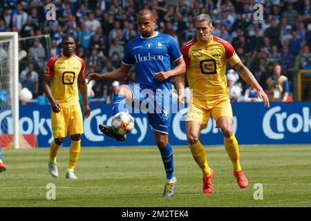 Gent's Vadis Odjidja-Ofoe and Mechelen's Seth De Witte fight for the ball during a soccer game between KAA Gent and KV Mechelen, the final of the Croky Cup competition, Wednesday 01 May 2019 in Brussels. BELGA PHOTO KURT DESPLENTER Stock Photo