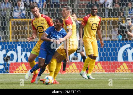 Gent's Jonathan David and Mechelen's Seth De Witte fight for the ball during a soccer game between KAA Gent and KV Mechelen, the final of the Croky Cup competition, Wednesday 01 May 2019 in Brussels. BELGA PHOTO KURT DESPLENTER Stock Photo