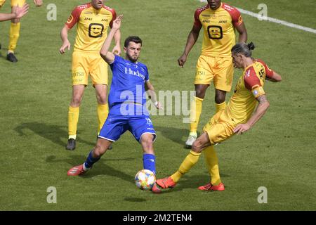 Gent's Giorgi Kvilitaia and Mechelen's Seth De Witte fight for the ball during a soccer game between KAA Gent and KV Mechelen, the final of the Croky Cup competition, Wednesday 01 May 2019 in Brussels. BELGA PHOTO YORICK JANSENS Stock Photo