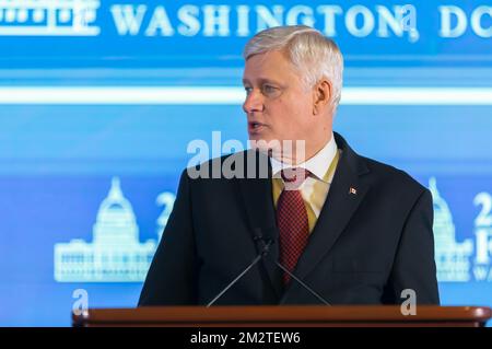 Washington D.C., USA - Dec. 09, 2022: Stephen Harper, prime minister of Canada from 2006 to 2015 during his speech at the 2022 IDU forum in Washington DC. Stock Photo