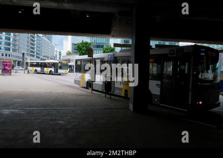 Illustration picture shows busses at the Brussels' Noordstation/ Gare du Nord, Sunday 05 May 2019. Bus drivers of Flemish public transport company De Lijn refuse to stop at some bus stops at the North station, because they claim their health is at risk, due to outbreaks of tuberculosis, malaria or scabies with the refugees who are staying in the station, unwilling to apply for asylum. BELGA PHOTO NICOLAS MAETERLINCK Stock Photo