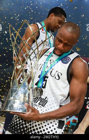 Bologna's David Cournooh pictured with the trophy after winning a basketball match between Spanish team CB 1939 Canarias Tenerife and Italian Virtus Pallacanestro Bologna, the final match of the 'Final Four' of the men's Champions League basketball competition, Sunday 05 May 2019 in Antwerp. BELGA PHOTO DAVID PINTENS Stock Photo