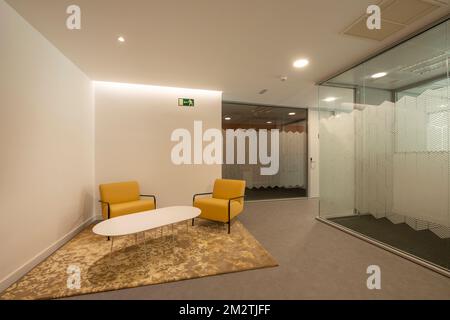 Entrance hall and waiting room of an office yellow designer sofas, matching rug and offices with glass partitions Stock Photo