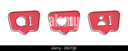 Social media notification flat icons in red color. Social media comment, like, follow signs. Can use for web and mobile app. Vector illustration eps 1 Stock Vector