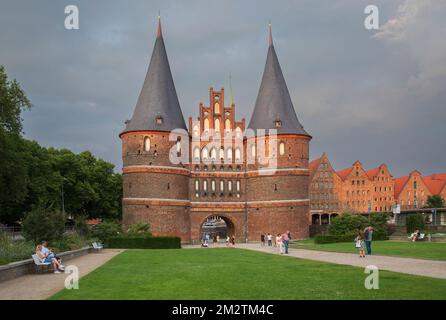 The Holsten Gate ('Holstein-Tor') is a city gate that borders the old town of the Hanseatic city of Luebeck to the west. Stock Photo