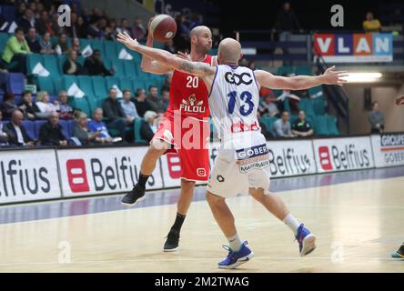 Oostende's Dusan Djordjevic and Mon's Mike Smith fight for the ball during a basketball match between Belfius Mons-Hainaut and Filou Oostende, Friday 17 May 2019 in Mons, on day 35 of the 'EuroMillions League' Belgian first division. BELGA PHOTO VIRGINIE LEFOUR Stock Photo