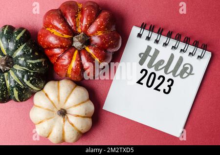 Hello 2023 text on diary and pumpkins on red background. Stock Photo