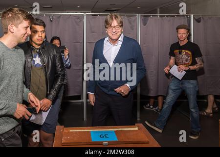 European parliament member for Open Vld Guy Verhofstadt casts a vote at a polling station in Mariakerke, Gent, Sunday 26 May 2019. Belgium holds regional, federal and European elections on Sunday. BELGA PHOTO JAMES ARTHUR GEKIERE Stock Photo