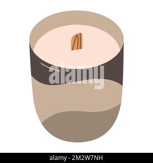 Scented candle in ceramic jar, trendy interior decoration, candle with essential oils, vector illustration, colored clip art Stock Vector