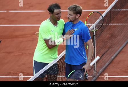 Spanish Rafael Nadal (ATP 2) and Belgian David Goffin (ATP 29) shake hands after their tennis match in the men's singles third round at the Roland Garros French Open tennis tournament, in Paris, France, Friday 31 May 2019. The main draw of this year's Roland Garros Grand Slam takes place from 26 May to 9 June. BELGA PHOTO VIRGINIE LEFOUR Stock Photo
