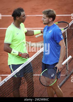 Spanish Rafael Nadal (ATP 2) and Belgian David Goffin (ATP 29) shake hands after their tennis match in the men's singles third round at the Roland Garros French Open tennis tournament, in Paris, France, Friday 31 May 2019. The main draw of this year's Roland Garros Grand Slam takes place from 26 May to 9 June. BELGA PHOTO VIRGINIE LEFOUR Stock Photo