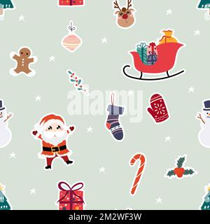 Seamless Christmas Pattern with Cute Flat Hand-drawn Items. Xmas and Happy New Year Elements. Decorative Background for Fabric, Wrapping Paper, Cover Stock Photo