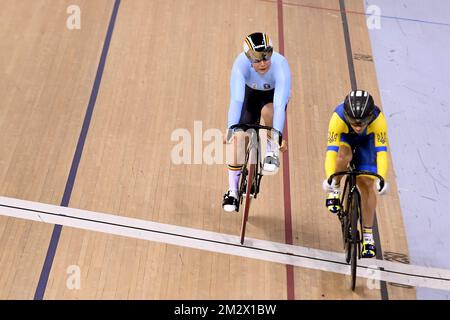 Belgian cyclist Nicky Degrendele and Ukraine's cyclist Olena Starikova pictured in action during the qualifications of the women's sprint track cycling event at the European Games in Minsk, Belarus, Saturday 29 June 2019. The second edition of the 'European Games' takes place from 21 to 30 June in Minsk, Belarus. Belgium will present 51 athletes from 11 sports. BELGA PHOTO DIRK WAEM Stock Photo