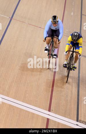 Belgian cyclist Nicky Degrendele and Ukraine's cyclist Olena Starikova pictured in action during the qualifications of the women's sprint track cycling event at the European Games in Minsk, Belarus, Saturday 29 June 2019. The second edition of the 'European Games' takes place from 21 to 30 June in Minsk, Belarus. Belgium will present 51 athletes from 11 sports. BELGA PHOTO DIRK WAEM Stock Photo