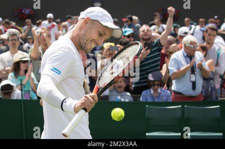 Belgian Steve Darcis celebrates after the match between Belgian Steve Darcis and German Mischa Zverev in the men's singles first round at the 2019 Wimbledon grand slam tennis tournament at the All England Tennis Club, in south-west London, Britain, Monday 01 July 2019. BELGA PHOTO BENOIT DOPPAGNE Stock Photo