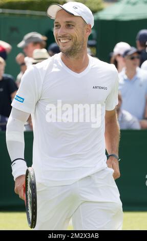 Belgian Steve Darcis celebrates after the match between Belgian Steve Darcis and German Mischa Zverev in the men's singles first round at the 2019 Wimbledon grand slam tennis tournament at the All England Tennis Club, in south-west London, Britain, Monday 01 July 2019. BELGA PHOTO BENOIT DOPPAGNE Stock Photo