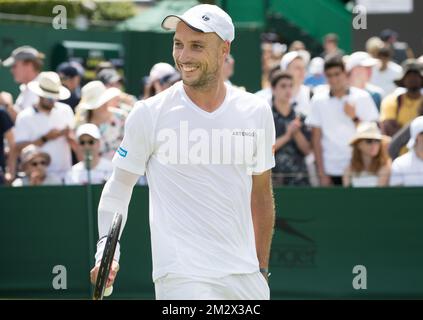 Belgian Steve Darcis celebrates after the match between Belgian Steve Darcis and German Mischa Zverev in the men's singles first round at the 2019 Wimbledon grand slam tennis tournament at the All England Tennis Club, in south-west London, Britain, Monday 01 July 2019. BELGA PHOTO BENOIT DOPPAGNE Stock Photo