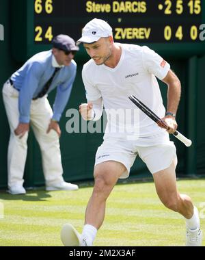 Belgian Steve Darcis celebrates after the match between Belgian Steve Darcis and German Mischa Zverev in the men's singles first round at the 2019 Wimbledon grand slam tennis tournament at the All England Tennis Club, in south-west London, Britain, Monday 01 July 2019. BELGA PHOTO BENOIT DOPPAGNE Stock Photo