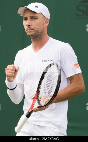 Belgian Steve Darcis celebrates after the match between Belgian Steve Darcis and German Mischa Zverev in the men's singles first round at the 2019 Wimbledon grand slam tennis tournament at the All England Tennis Club, in south-west London, Britain, Monday 01 July 2019. BELGA PHOTO BENOIT DOPPAGNE Stock Photo