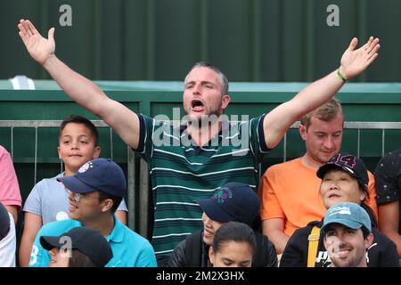 A supporter of Belgian player pictured at the match between US Bradley Klahn and Belgian David Goffin in the men's singles first round at the 2019 Wimbledon grand slam tennis tournament at the All England Tennis Club, in south-west London, Britain, Monday 01 July 2019. BELGA PHOTO BENOIT DOPPAGNE  Stock Photo