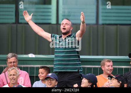 A supporter of Belgian player pictured at the match between US Bradley Klahn and Belgian David Goffin in the men's singles first round at the 2019 Wimbledon grand slam tennis tournament at the All England Tennis Club, in south-west London, Britain, Monday 01 July 2019. BELGA PHOTO BENOIT DOPPAGNE  Stock Photo