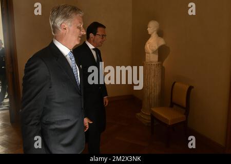 King Philippe - Filip of Belgium and CD&V's Wouter Beke pictured during the oath ceremony of Beke as new Minister of Employment, Economy, Consumer Affairs and equal chances in the federal government, Tuesday 02 July 2019, in Brussels. Beke succeeds Peeters who was elected as member of the European parliament at the European elections of May 26. BELGA PHOTO ERIC LALMAND  Stock Photo