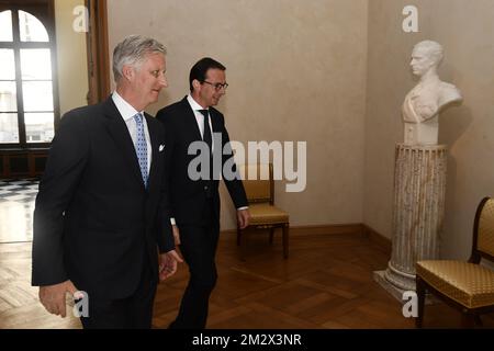 King Philippe - Filip of Belgium and CD&V's Wouter Beke pictured during the oath ceremony of Beke as new Minister of Employment, Economy, Consumer Affairs and equal chances in the federal government, Tuesday 02 July 2019, in Brussels. Beke succeeds Peeters who was elected as member of the European parliament at the European elections of May 26. BELGA PHOTO ERIC LALMAND  Stock Photo