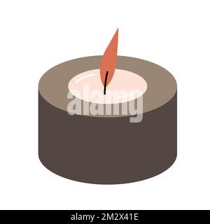 Scented candle in concrete jar, interior decoration, candle with essential oils with burning wick, vector illustration isolated Stock Vector