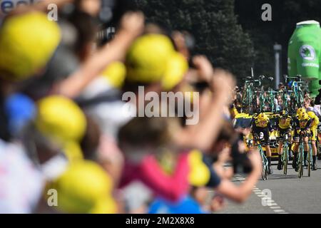 Team Jumbo-Visma riders pictured in action during the second stage of the 106th edition of the Tour de France cycling race, a 27,6km team time trial in Brussels, Belgium, Sunday 07 July 2019. This year's Tour de France starts in Brussels and takes place from July 6th to July 28th. BELGA PHOTO DAVID STOCKMAN Stock Photo