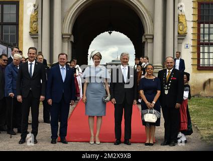 Hereditary Prince Hubertus von Sachsen-Coburg und Gotha, an unidentified man, Queen Mathilde of Belgium, King Philippe - Filip of Belgium and Gotha mayor Knut Kreuch and his wife pose for a group picture during a visit to the Schloss Friedenstein in Gotha, Tuesday 09 July 2019. The king and queen are on a two-day visit to Germany and the states Thuringia (Thuringen - Thuringe) and Saxony-Anhalt (Sachsen-Anhalt - Saksen-Anhalt - Saxe-Anhalt). BELGA PHOTO ERIC LALMAND  Stock Photo