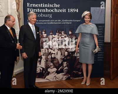 Gotha mayor Knut Kreuch, King Philippe - Filip of Belgium and Queen Mathilde of Belgium pictured during a visit to the Schloss Friedenstein in Gotha, Tuesday 09 July 2019. The king and queen are on a two-day visit to Germany and the states Thuringia (Thuringen - Thuringe) and Saxony-Anhalt (Sachsen-Anhalt - Saksen-Anhalt - Saxe-Anhalt). BELGA PHOTO ERIC LALMAND  Stock Photo