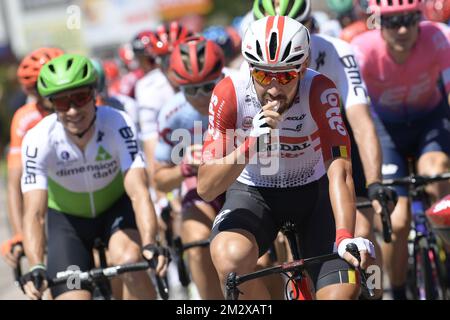 Belgian Thomas De Gendt of Lotto Soudal eats something during the